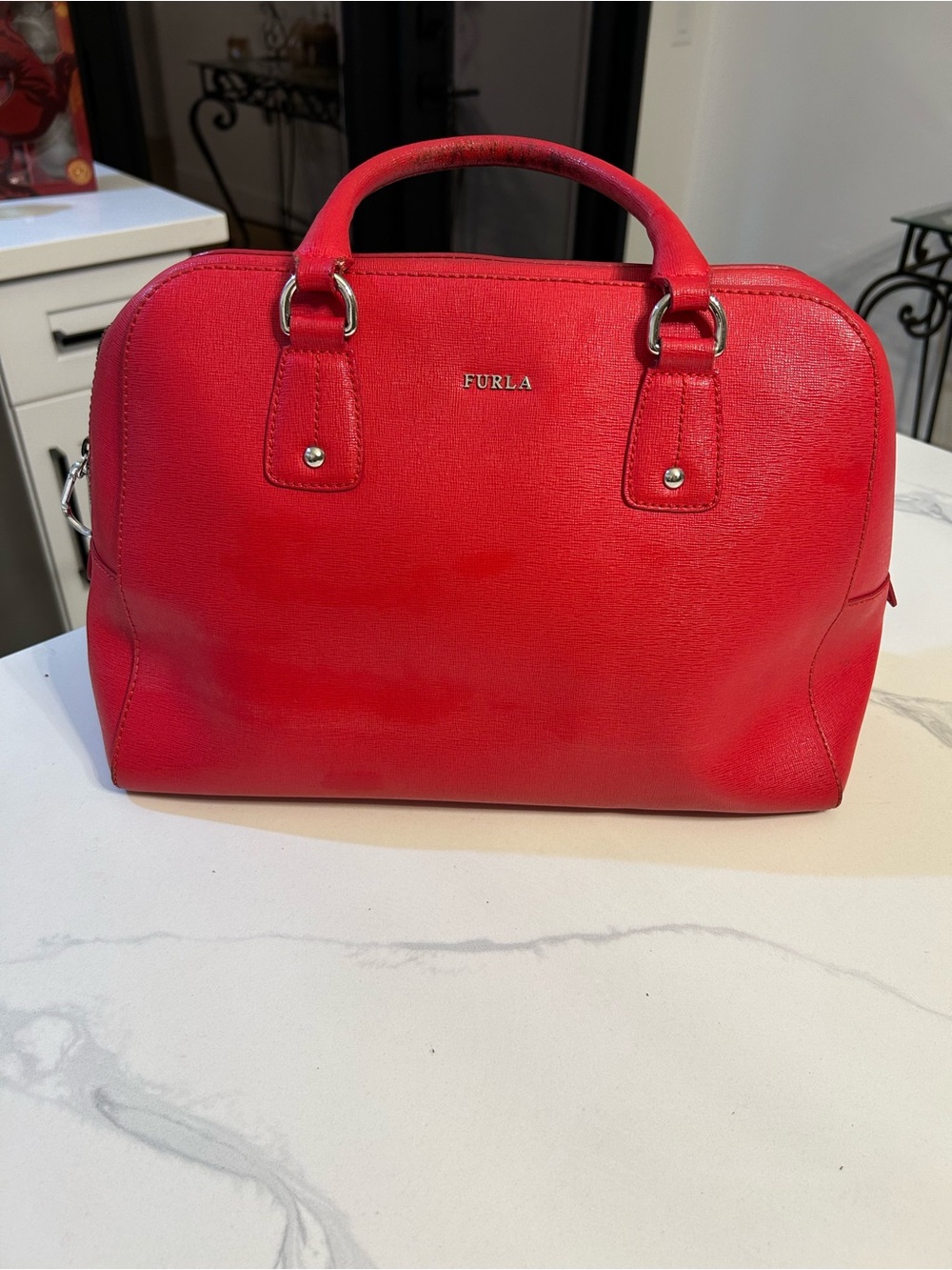 Furla Elena Satchel Saffiano Bright Red Leather Dome Satchel Top Handles READ - Picture 9 of 16